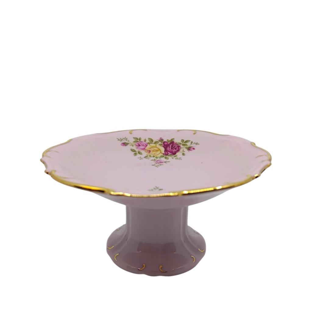 Miska na noze z růžového porcelánu, dekor růží se zlacením