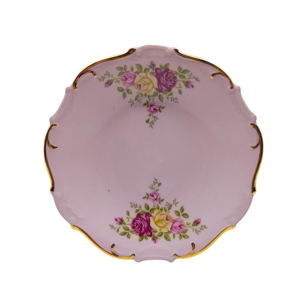 Miska na noze z růžového porcelánu, dekor růží se zlacením