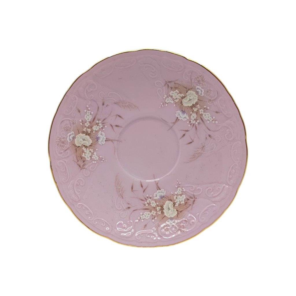Podšálek z růžového porcelánu, květinový dekor se zlacením
