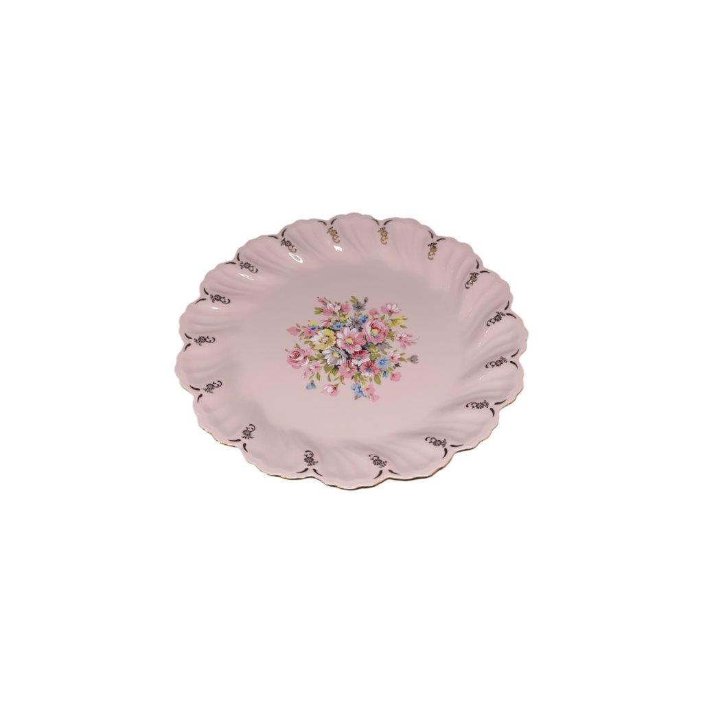 Talíř z růžového porcelánu s květinovým dekorem a zlacením