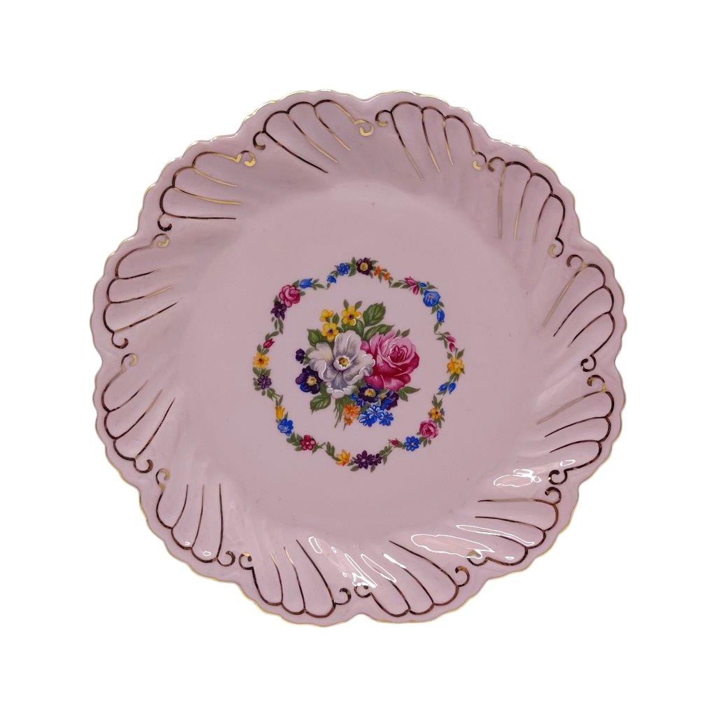 Talířek o průměru 17 cm z růžového porcelánu, květinový dekor se zlacením