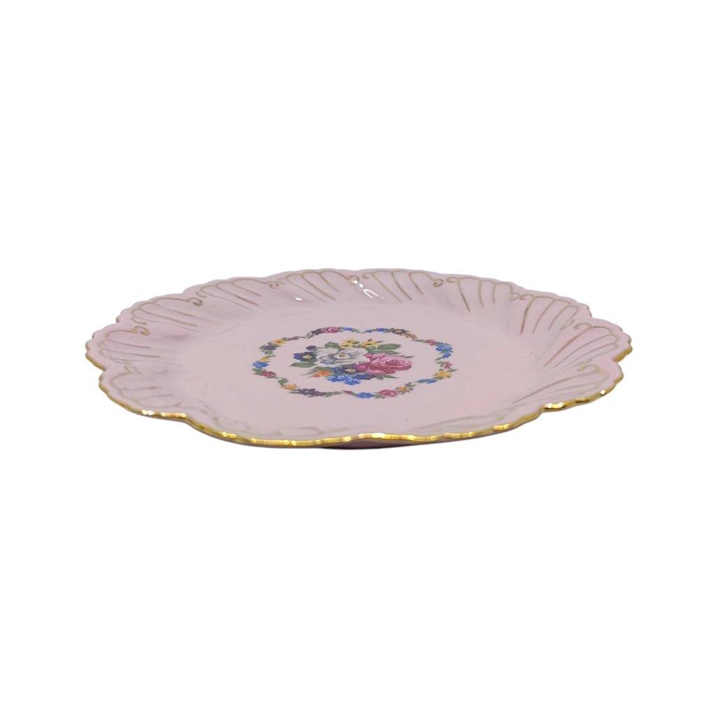 Talířek o průměru 17 cm z růžového porcelánu, květinový dekor se zlacením