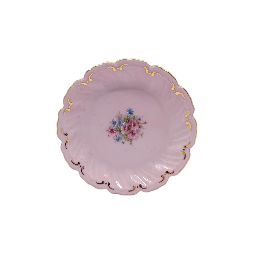 Talířek mini z růžového porcelánu, květinový dekor se zlacením