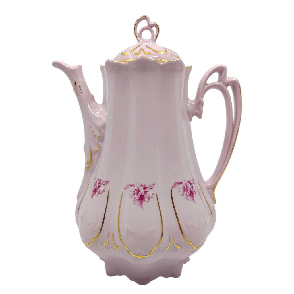 Konvice kávová z růžového porcelánu, květinový dekor se zlacením
