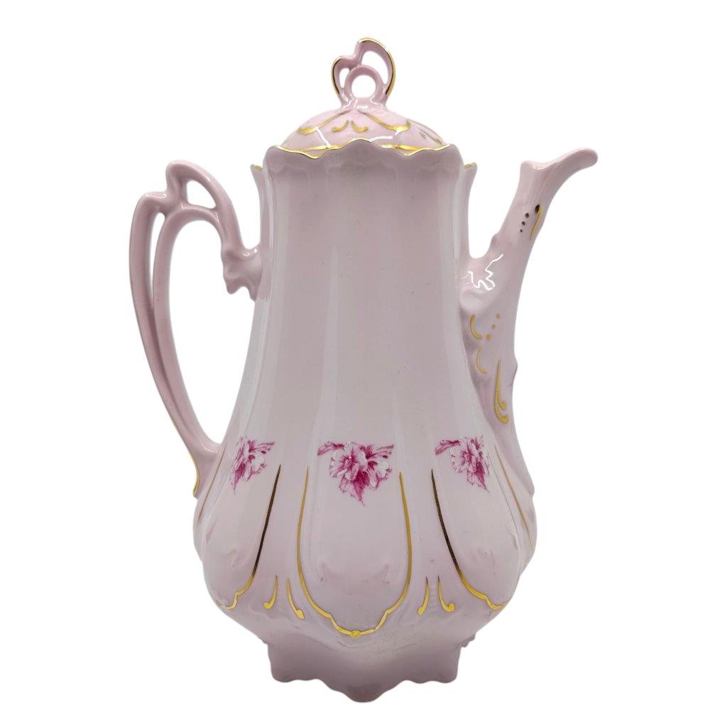 Konvice kávová z růžového porcelánu, květinový dekor se zlacením