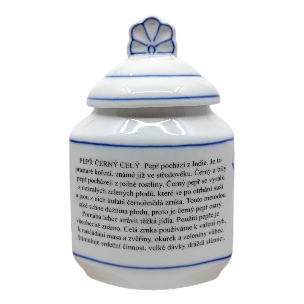 kořenka s nápisem Pepř černý celý, popis na zadní straně