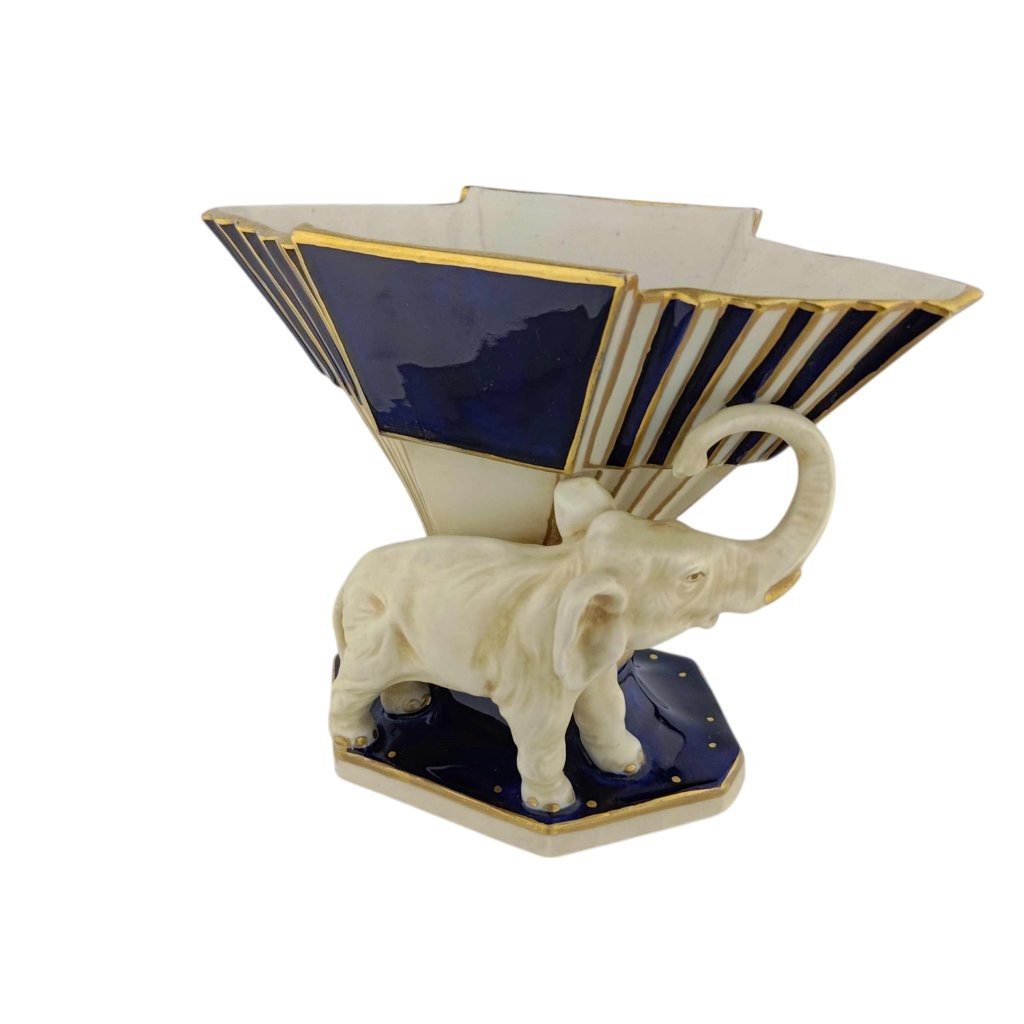 porcelánová socha značky Royal Dux, model: Žardiniéra se slonem, kobaltový dekor se zlacením