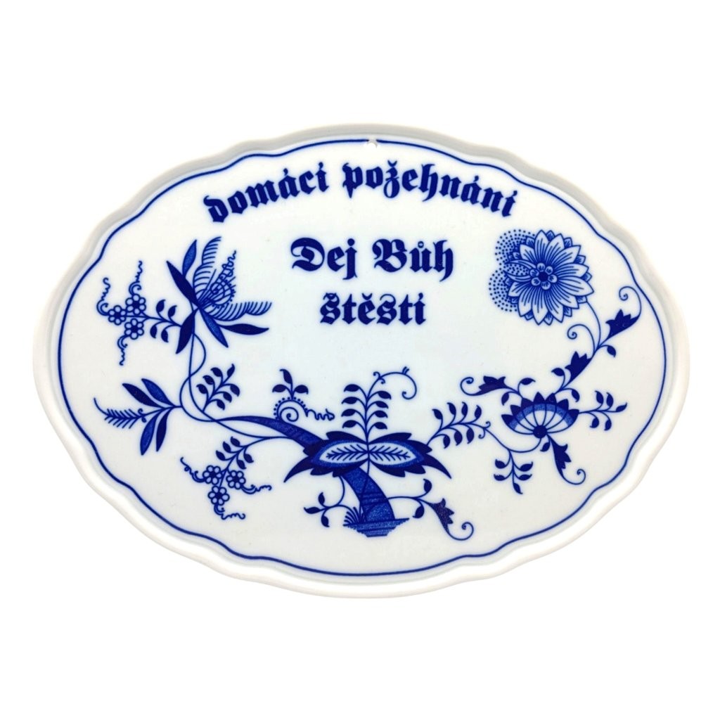 závěsný štít s nápisem Dej Bůh štěstí, cibulákový dekor