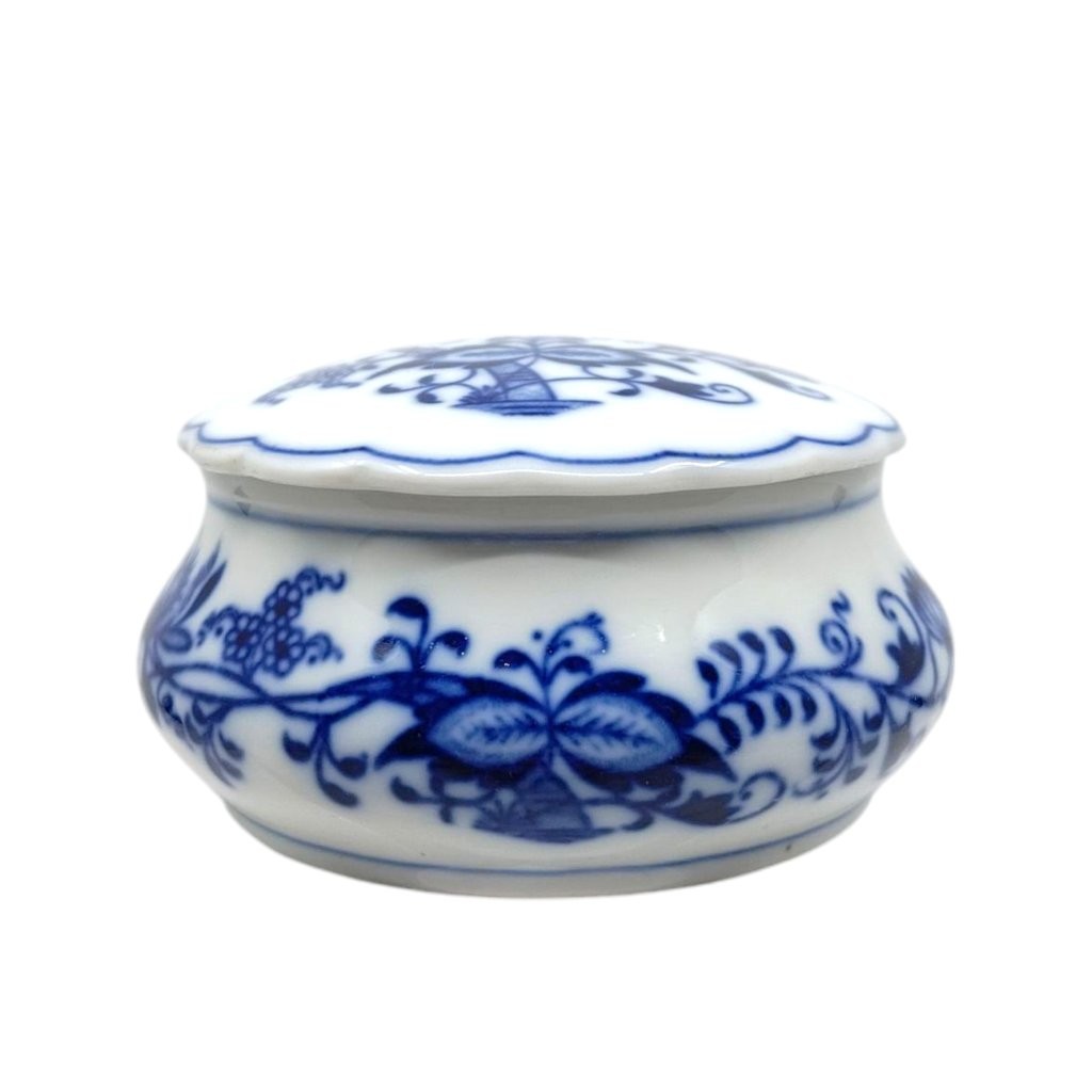 dóza - šperkovnice kulatá s víčkem, cibulákový dekor