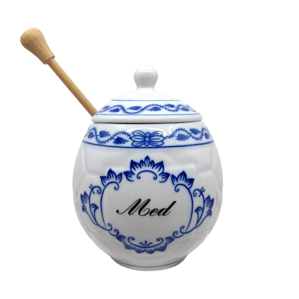 hrnek na med s nápisem MED a cibulákovým dekorem