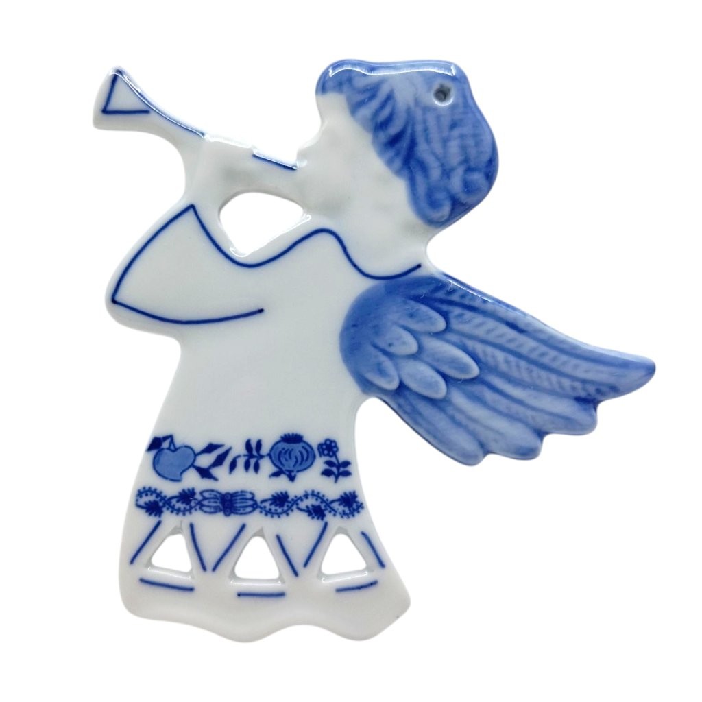 vánoční ozdoba Anděl s trumpetou, cibulákový dekor s prolamováním