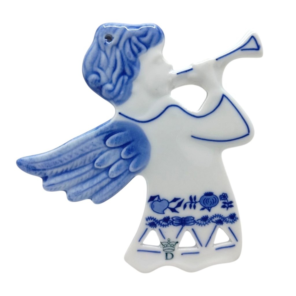 vánoční ozdoba Anděl s trumpetou, cibulákový dekor s prolamováním