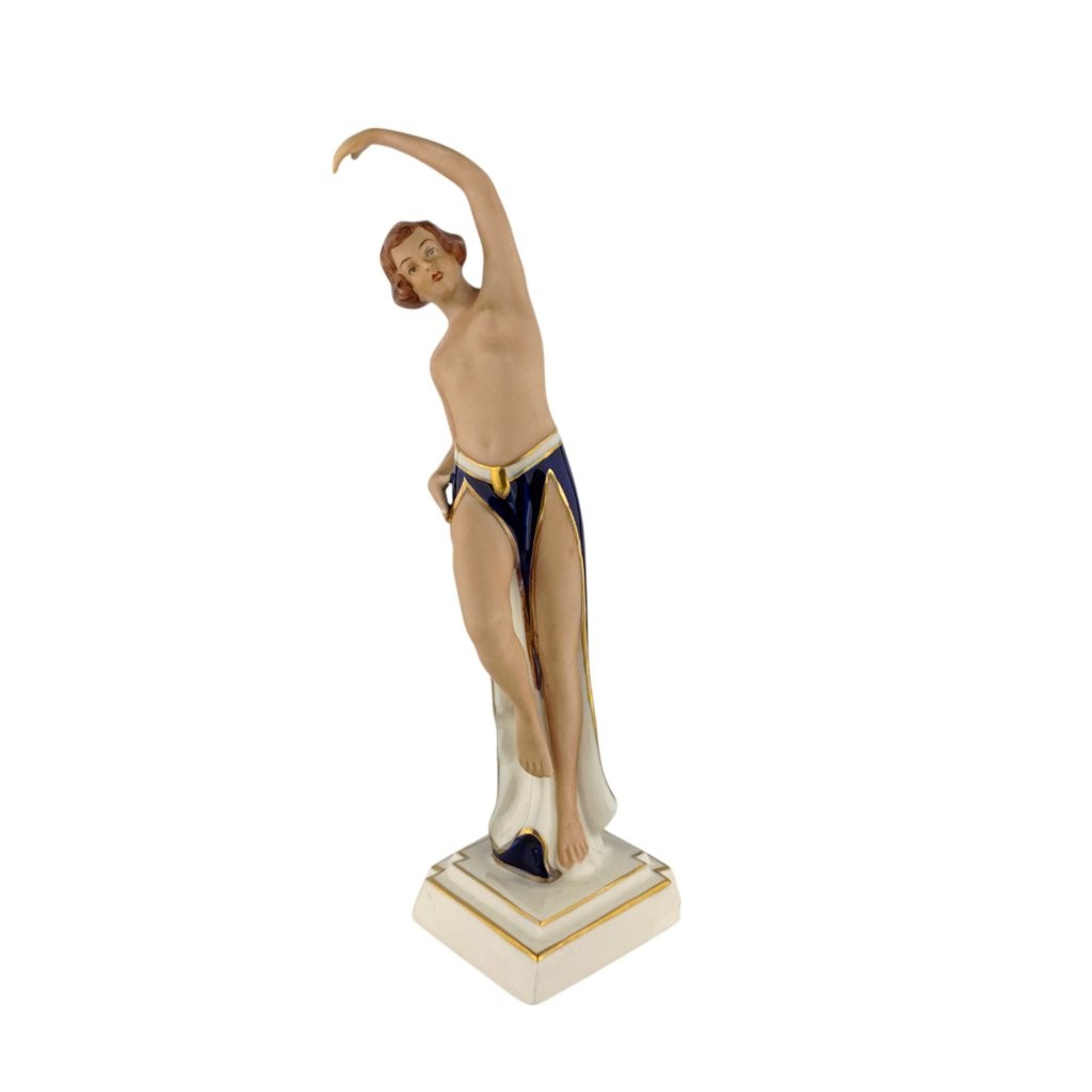 porcelánová figura značky Royal Dux, model: Tanečnice Art Deco, kobaltový dekor se zlacením