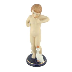 porcelánová figura značky Royal Dux, model: Holčička s husičkou, kobaltový dekor se zlacením