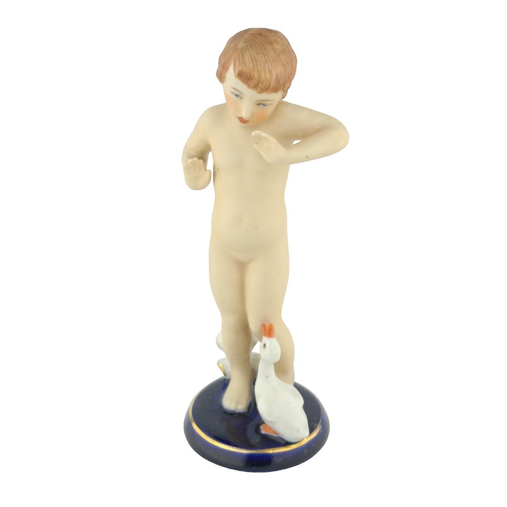 porcelánová figura značky Royal Dux, model: Holčička s husičkou, kobaltový dekor se zlacením