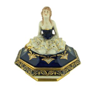 porcelánová dóza ve stylu art deco značky Royal Dux s dívkou jako víko, kobaltový dekor se zlacením